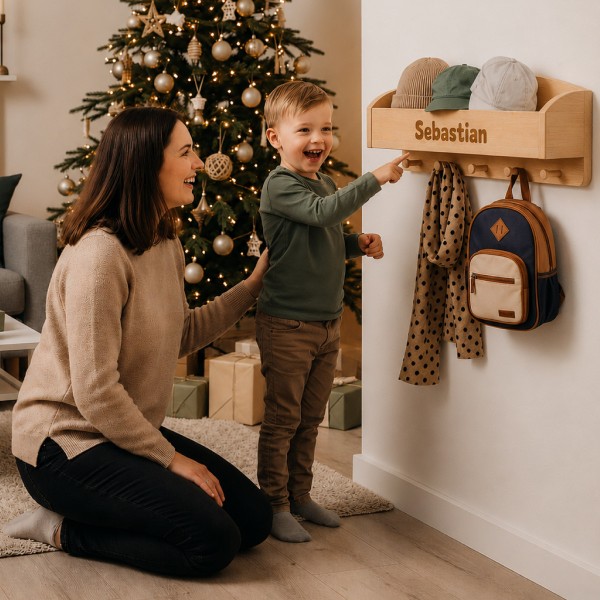 Weihnachtsszene mit Mutter und Kind, die sich über eine personalisierte Garderobe freuen; Produkt hängt an der Wand, Gravur gut lesbar, Weihnachtsbaum daneben.
